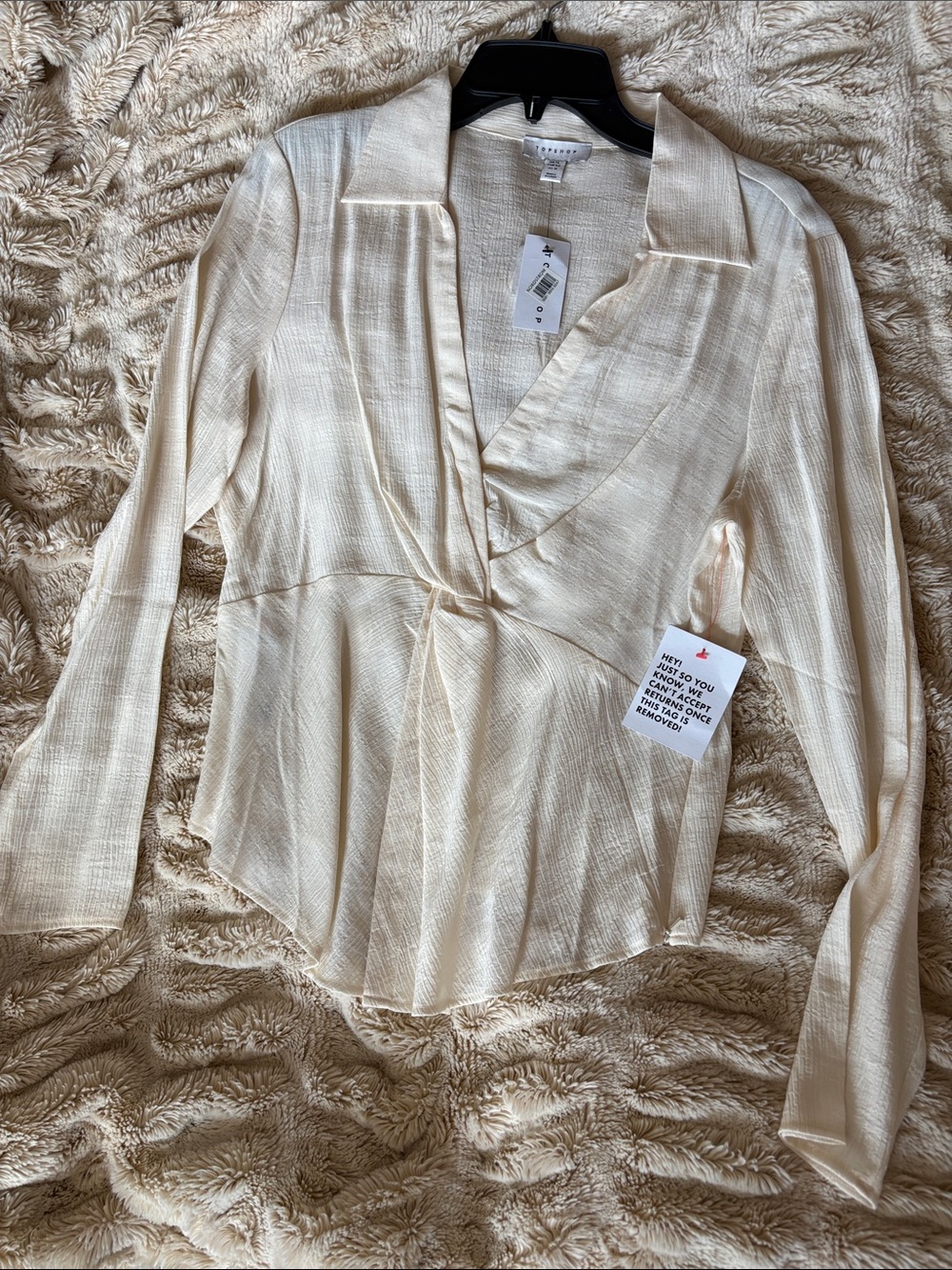 Topshop Cream Twist-Front Long-Sleeve Blouse